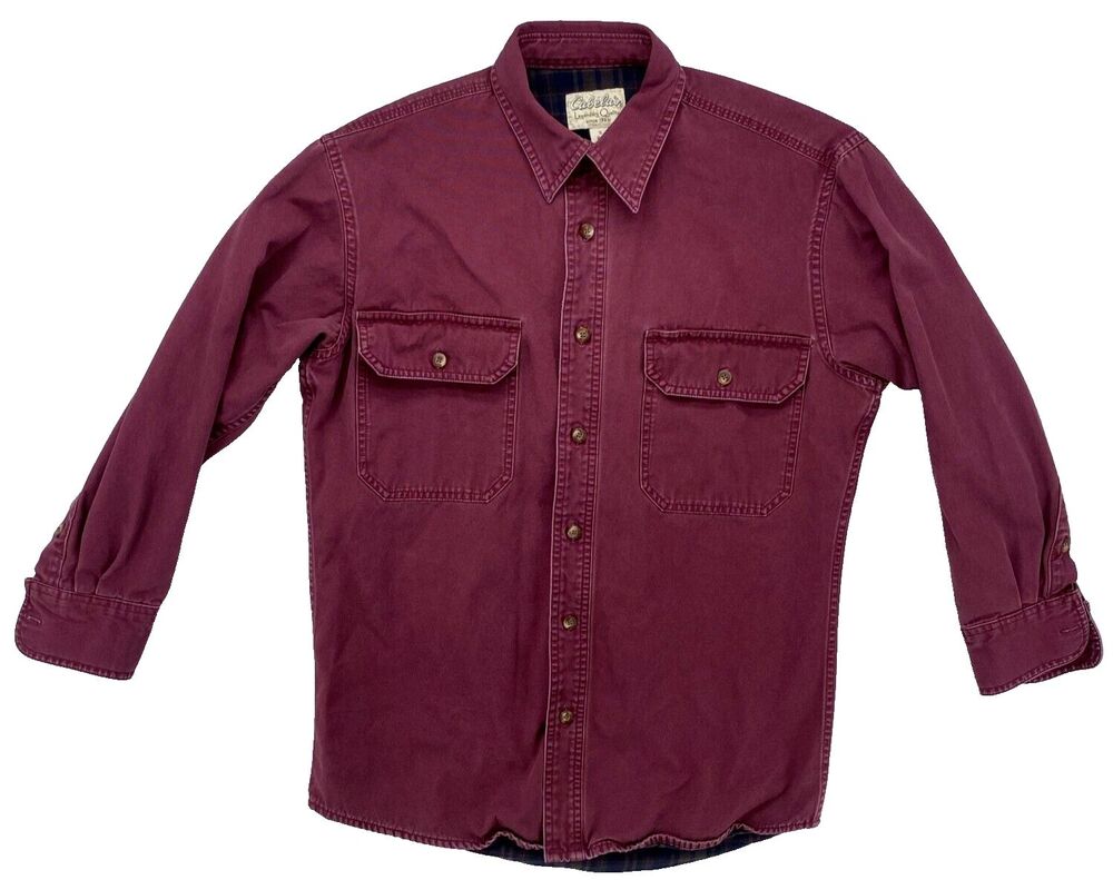 Cabelas Flannel Lined Shirt Jacket Mens Small S Maroon Burgundy Cotton Canvas
